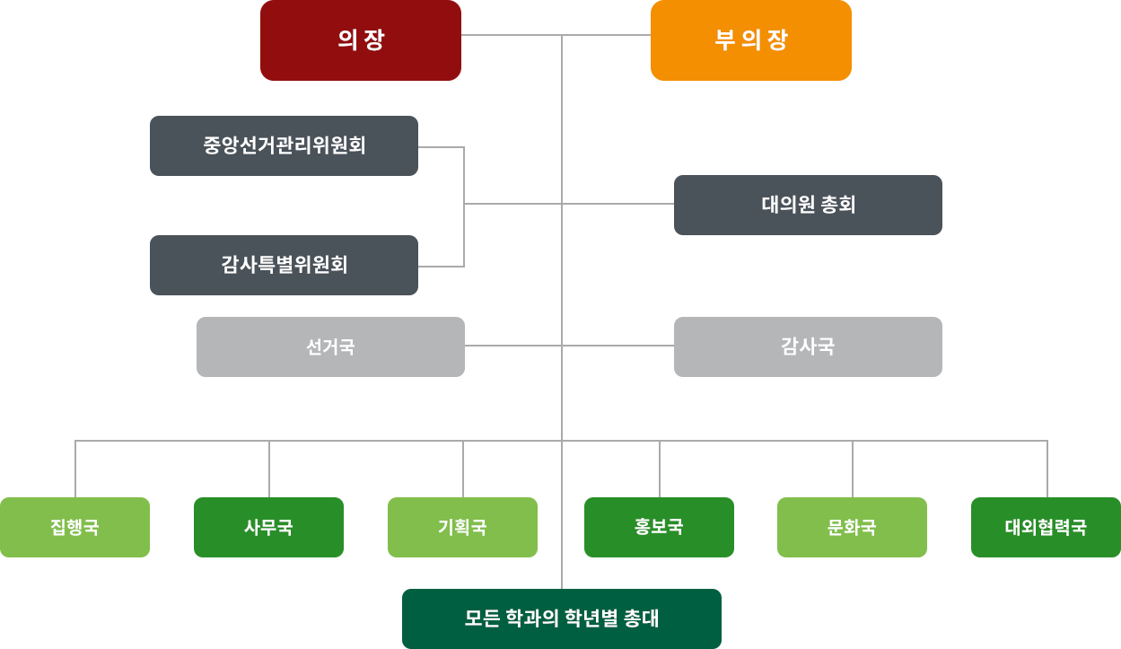 총대의원회 조직도 입니다. - 의장, 부의장 아래 중앙선거관리위원회, 감사특별위원회, 대의원총회, 선거국, 감사국, 집행국, 사무국, 기획국, 홍보국, 문화국, 대외협력국, 모든 학과의 학년별 총대로 구성되어 있습니다.